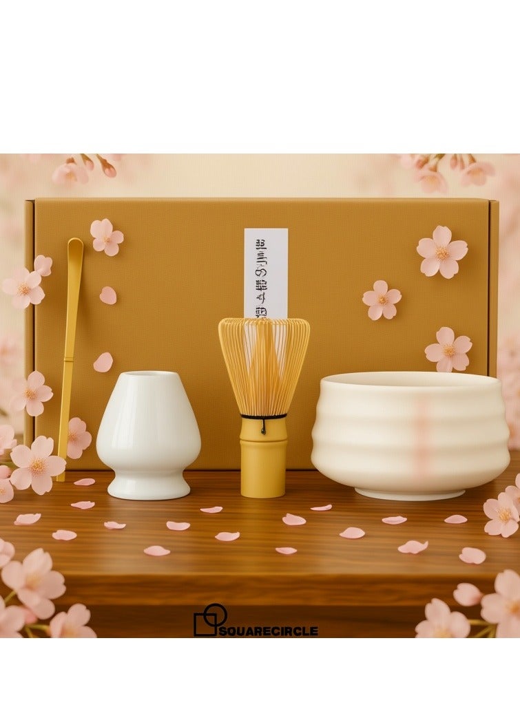 فلاي هسو طقم شاي ماتشا مكون من 4 قطع، طقم خفق ماتشا، وعاء سيراميك ماتشا، خفق ماتشا، حامل خفق أبيض، مغرفة تقليدية، مجموعة مثالية لأداة تقليدية من ماتشا (وردي وأبيض) - Image 1